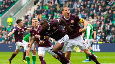 Image of Hearts' Uche Ikpeazu celebrates his equaliser at Easter Road on Sunday