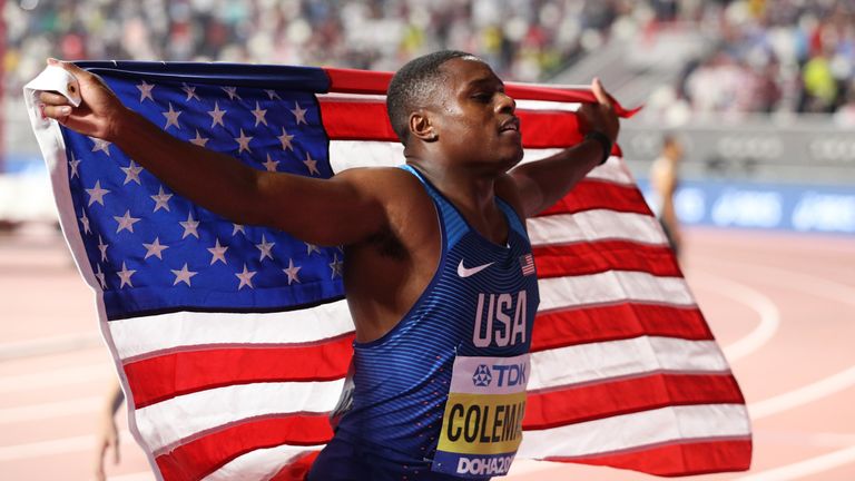 Coleman celebrates winning gold in the men's 100m at the 2019 World Athletics Championships in Doha