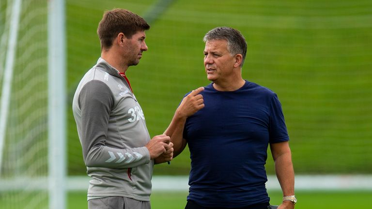 Departing Rangers director of football Mark Allen (right) brought in Steven Gerrard