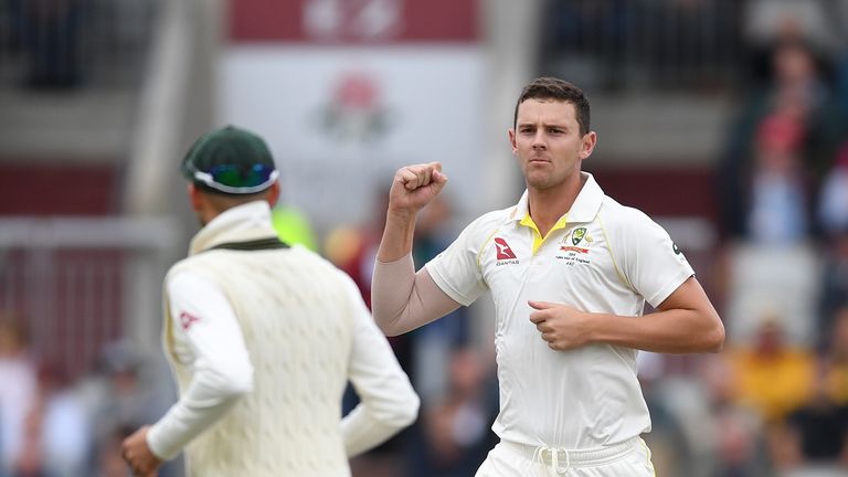 Josh Hazlewood celebrates one of his three first-innings wickets at Old Trafford