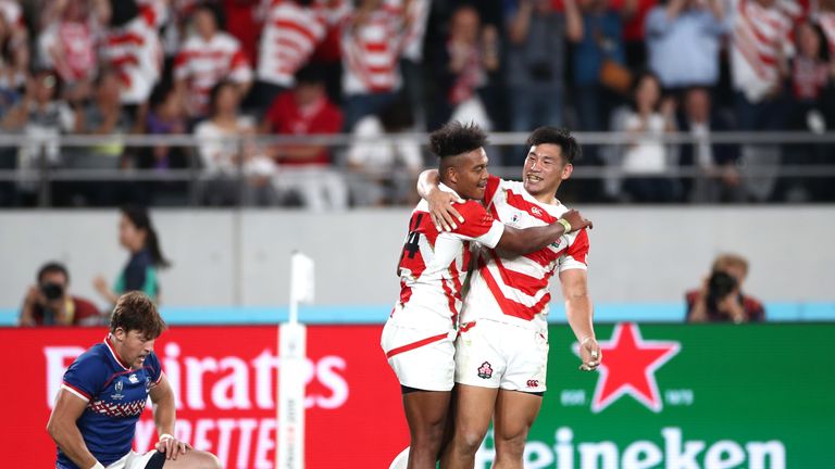 Matsushima celebrates after scoring the bonus-point clinching try