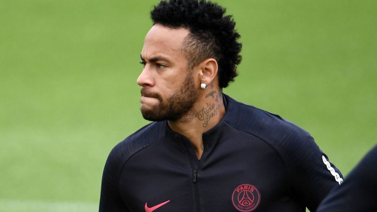 PSG forward Neymar in training alongside Thiago Silva
