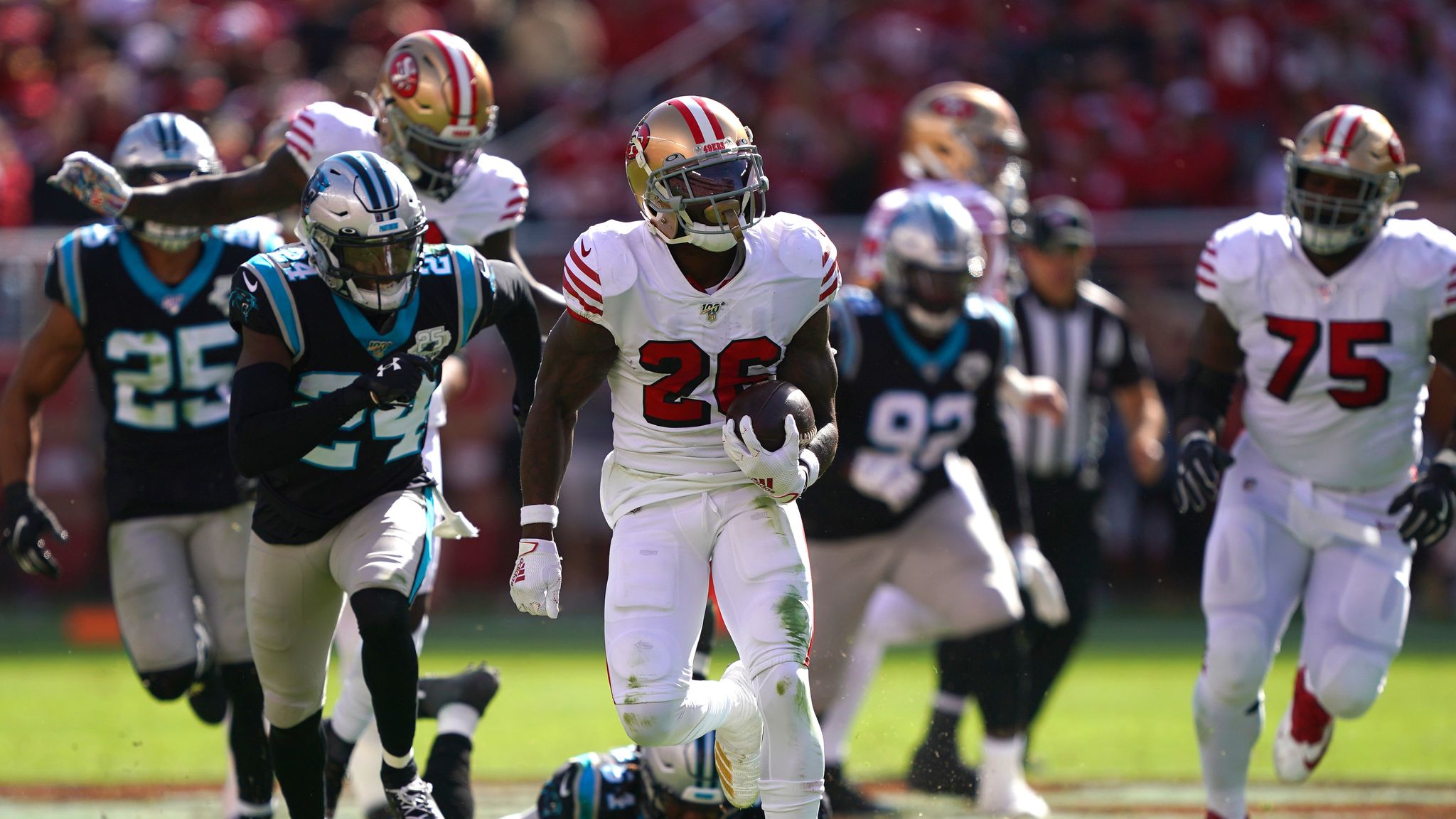 San Francisco 49ers 51-13 Carolina Panthers: Tevin Coleman scores four  touchdowns in rout, NFL News