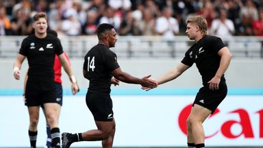 Sevu Reece is congratulated by Jack Goodhue after scoring New Zealand's first try