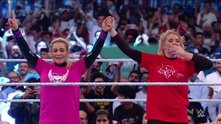 WWE stars Natalya and Lacey Evans became the first women to take part in a wrestling match in Saudi Arabia at Crown Jewel