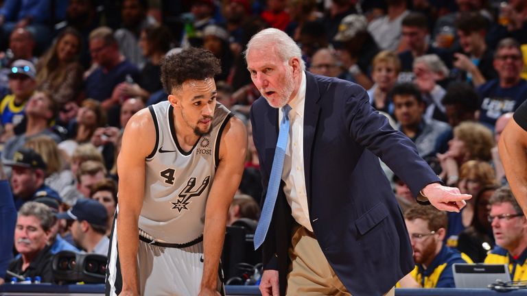 Derrick White receives instructions from Spurs coach Gregg Popovich