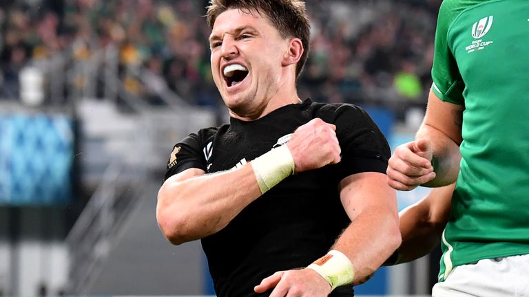 Beauden Barrett celebrates his try against Ireland