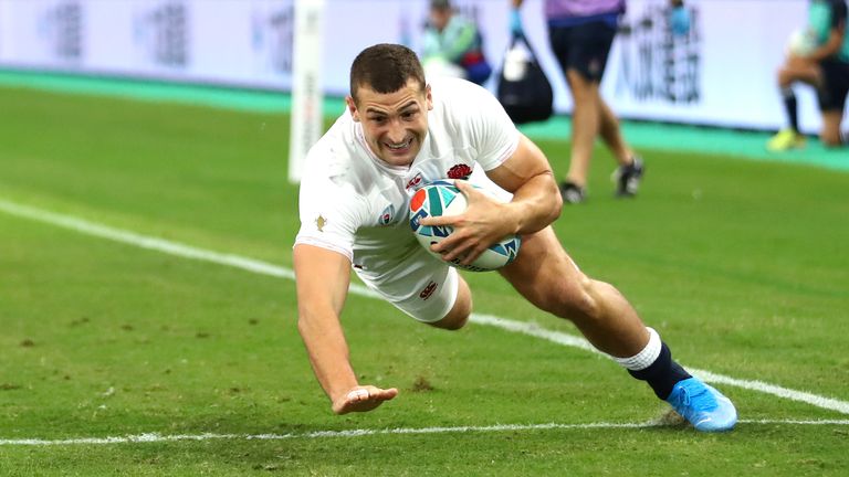 May got over in the corner for England's key first try 