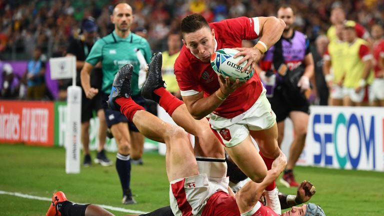 Wales wing Josh Adams notched a Rugby World Cup hat-trick in a superb Pool D victory over Fiji