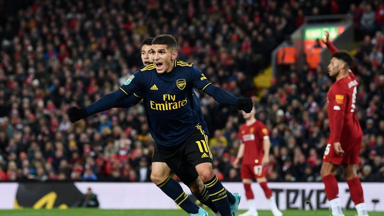 Lucas Torreira celebrates his 19th-minute equaliser at Anfield