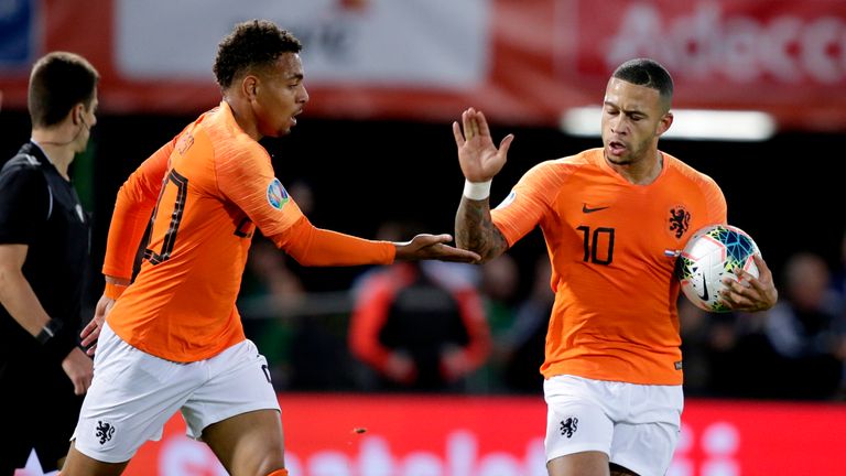 Memphis Depay celebrates his first goal for the Netherlands