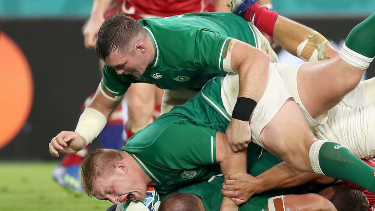 Rhys Ruddock grounded on the line with John Ryan in support for Ireland's third try