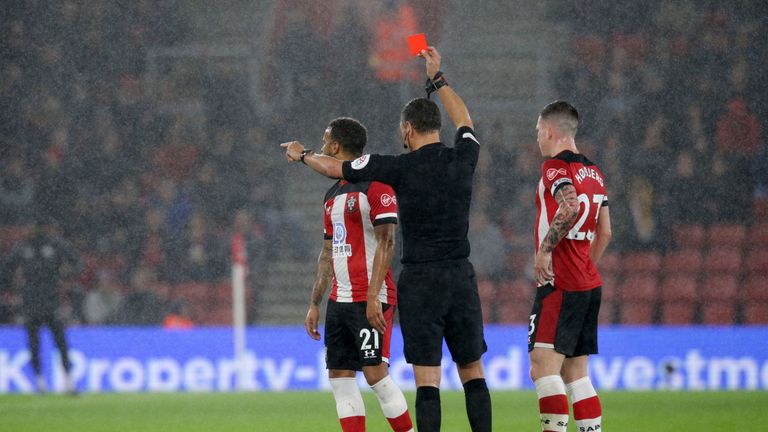 Ryan Bertrand was sent off after a VAR review in Southampton's game against Leicester in October