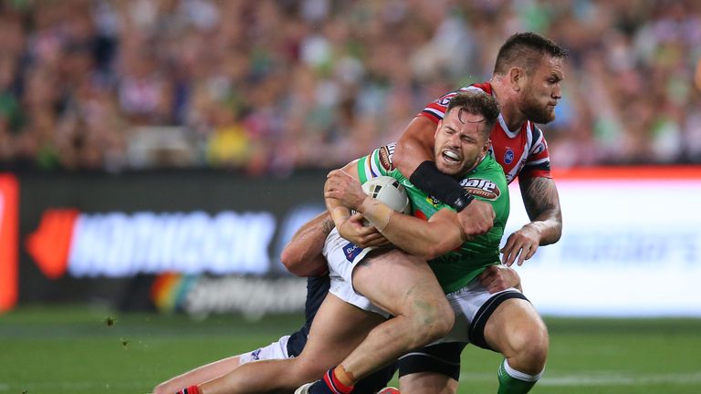 Sezer is tackled during the NRL Grand Final between Canberra Raiders and Sydney Roosters in Sydney last month