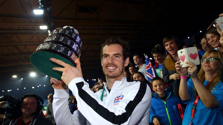 Andy Murray of Great Britain lifts the Davis Cup trophy in 2015