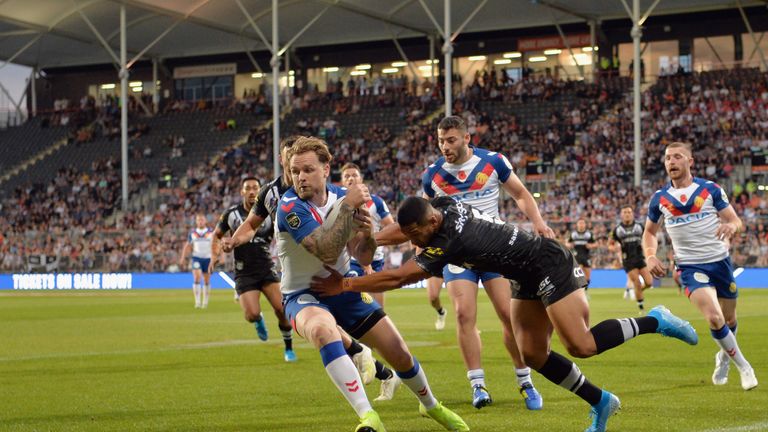 Blake Austin under pressure from the kiwis