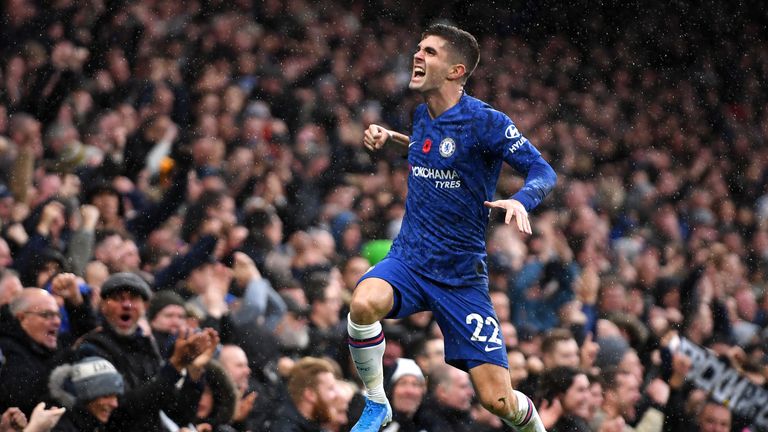 Christian Pulisic celebrates his goal against Crystal Palace at Stamford Bridge