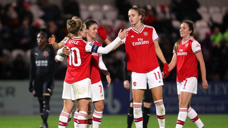 Kim Little celebrates after scoring against Slavia Prague in the last 16