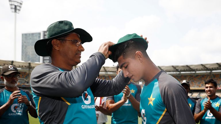 Naseem Shah is presented with his Test cap by Waqar Younis at only 16 years of age