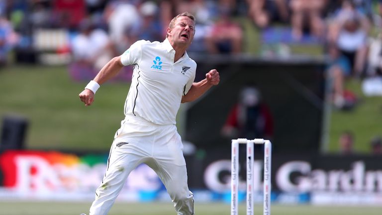 New Zealand's Neil Wagner celebrates after taking the wicket of England's captain Joe Root