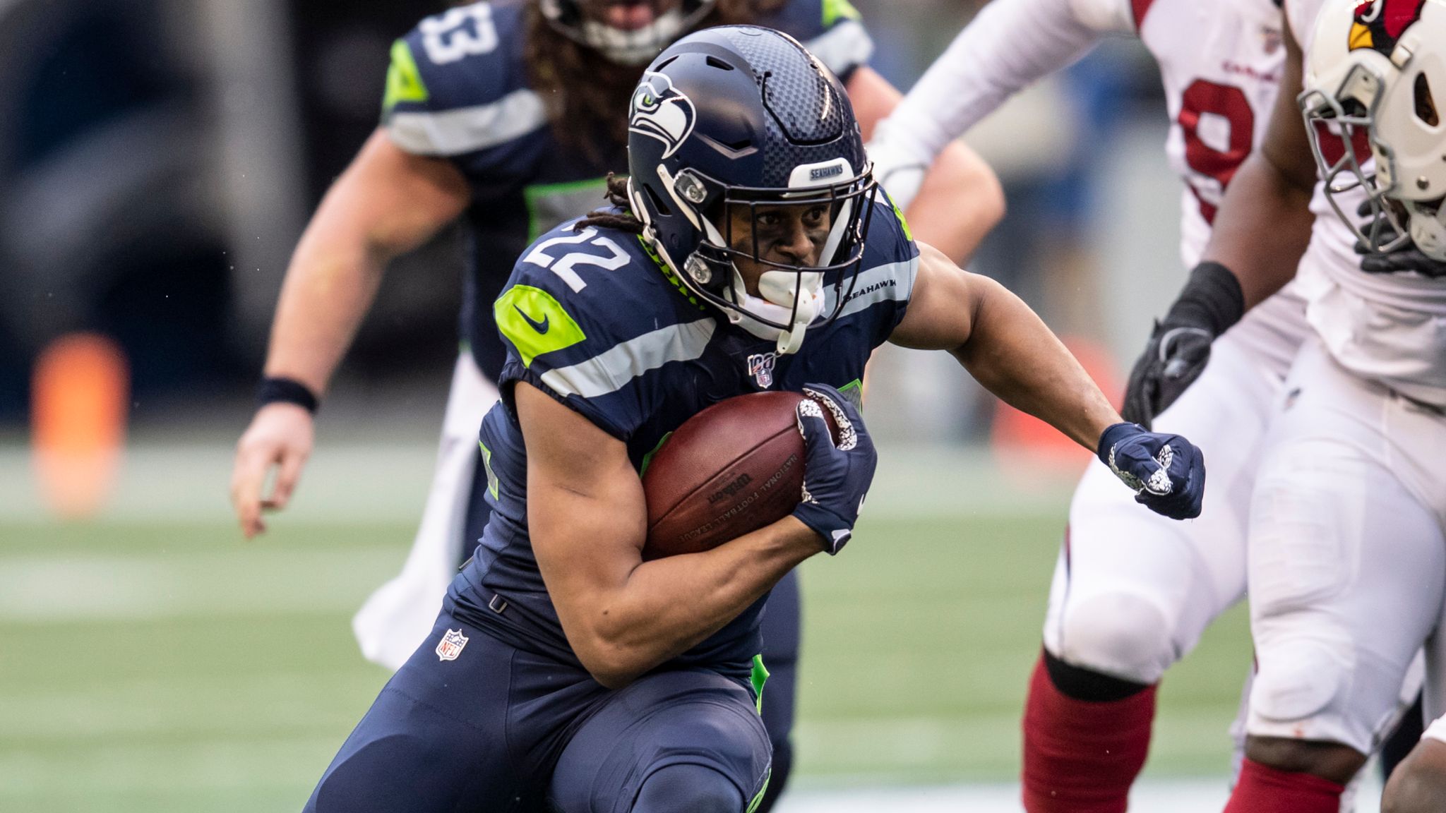 Seattle Seahawks running back Chris Carson (32) rushes at Cleveland Browns  defensive back T.J. Carrie (38) during an NFL football game in Cleveland,  Sunday, Oct. 13, 2019,(AP Photo/Rick Osentoski Stock Photo - Alamy