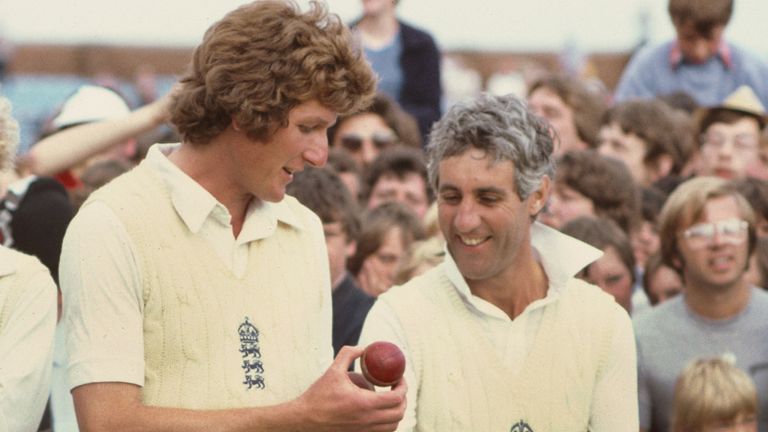 Bob shares a joke with England captain Mike Brearley after England regain the Ashes in 1981