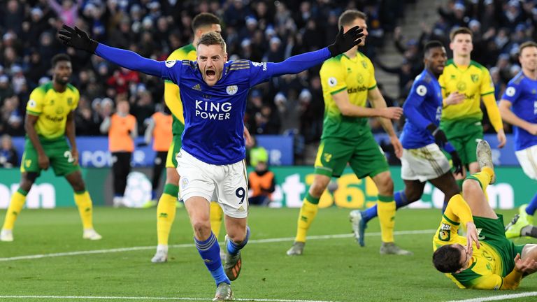 Vardy celebrates Leicester's equaliser that was later given as a Tim Krul own goal