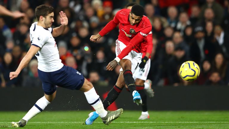 Marcus Rashford scores for Manchester United against Tottenham