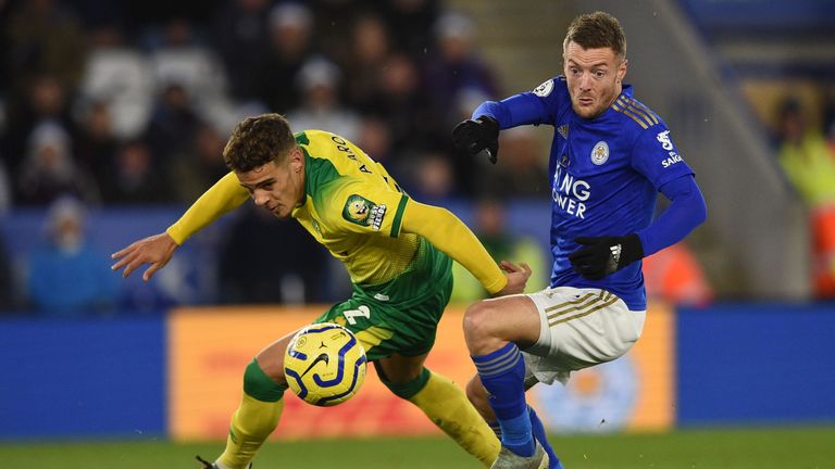 Max Aarons keeps a close eye on Vardy as Norwich earned a hard-fought point