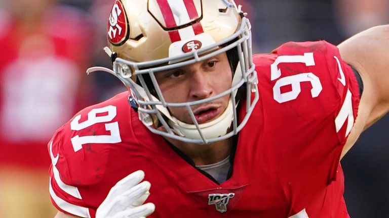 San Francisco 49ers rookie defensive end Nick Bosa is included along with his brother Joey of the Los Angeles Chargers