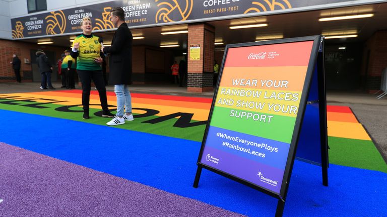 Norwich's LGBT supporters group Proud Canaries handed out laces to fans attending the game against Sheffield United at Carrow Road