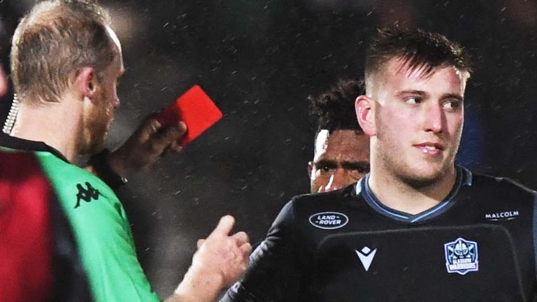 Matt Fagerson is red-carded by referee Wayne Barnes