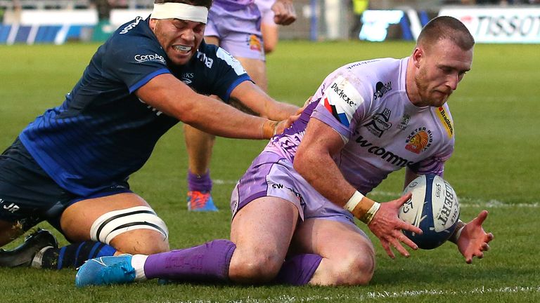 Stuart Hogg suffered a head injury in the act of scoring Exeter's second try