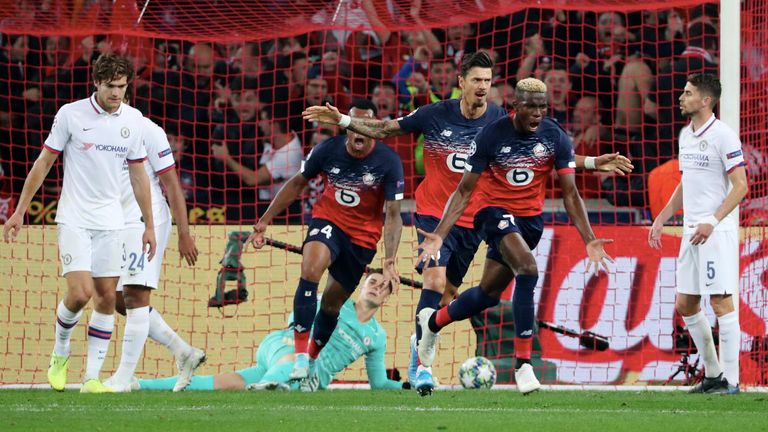 Victor Osimhen of Lille celebrates his goal against Chelsea