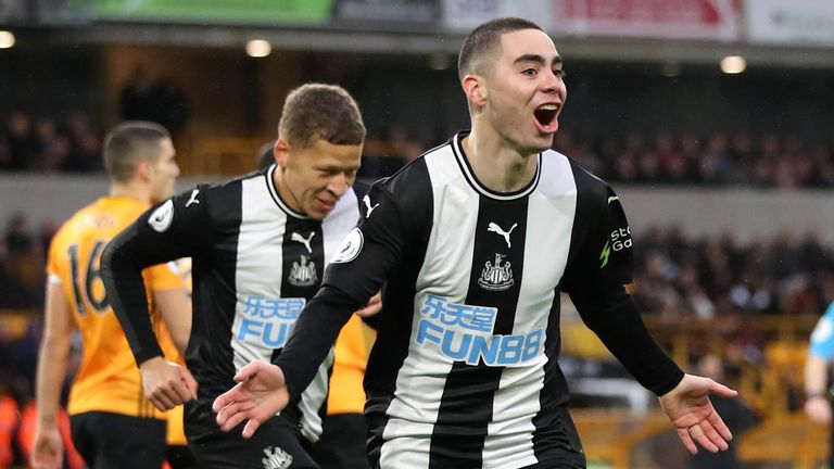 Miguel Almiron celebrates after giving Newcastle an early lead