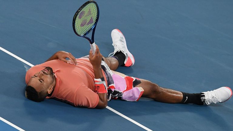 The Australian was left flat on his back after a lung-busting rally on Rod Laver Arena