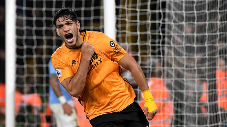 Jimenez celebrates scoring for Wolves against Manchester City