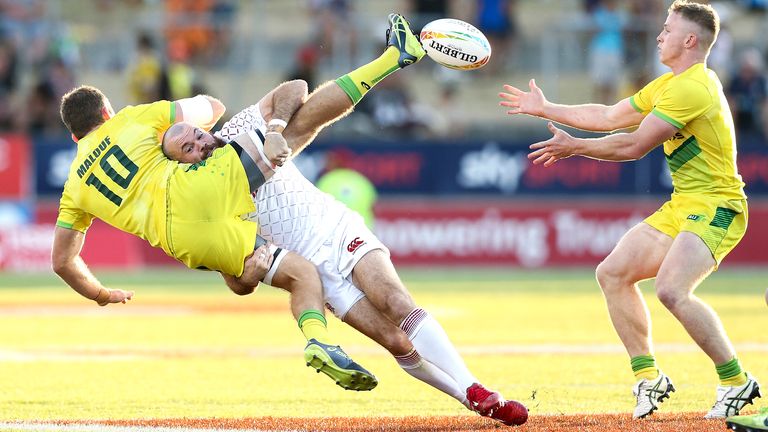 Tom Bowen makes a tackle for England during their bronze final defeat to Australia