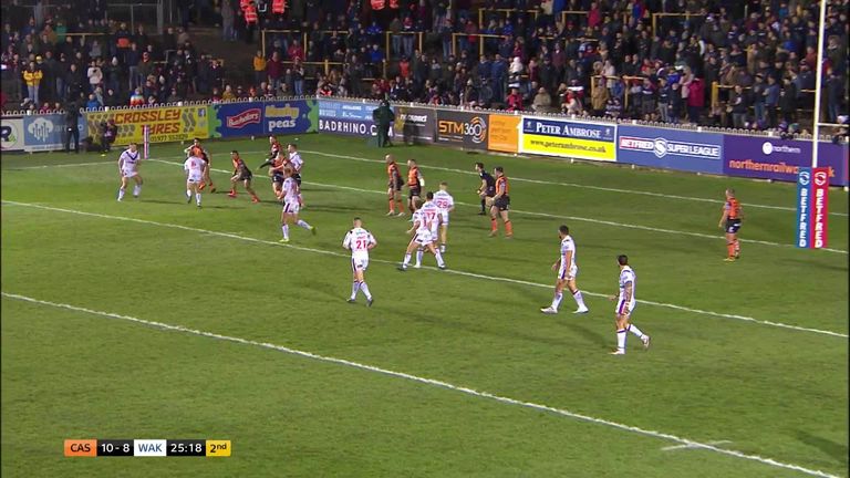 Tom Johnstone shows off his acrobatic skills for a brilliant try against Castleford