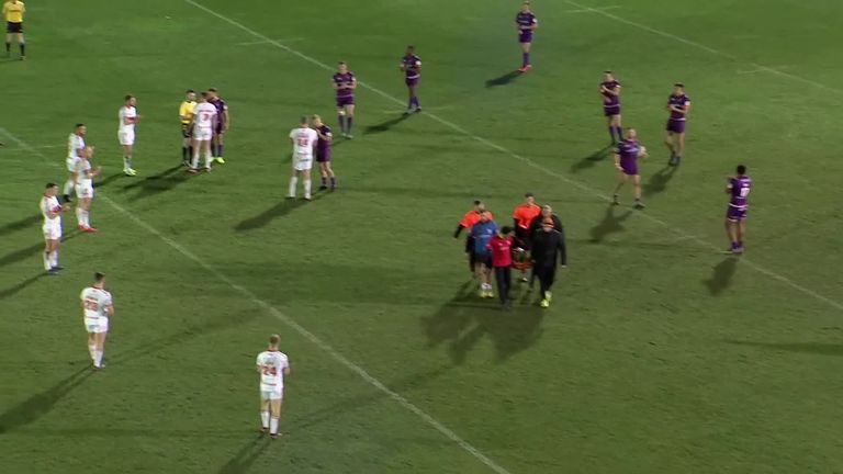 Huddersfield prop James Gavet was stretchered off in the opening minutes of the second half against Hull KR