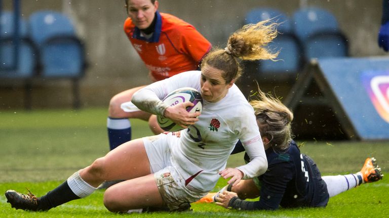 England's Abby Dow scores a try in England's 53-0 win over Scotland