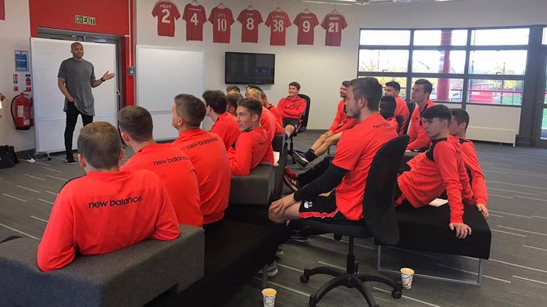 Kevin George speaks to Under-23 players at Liverpool