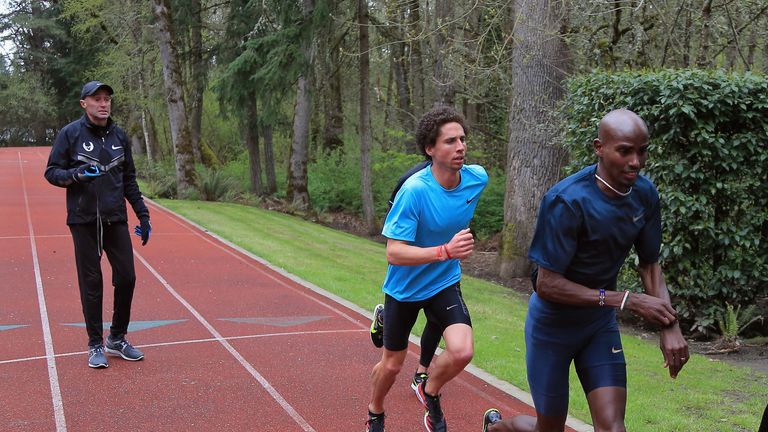 Alberto Salazar trains Mo Farah at the Nike campus in Beaverton, Oregon.