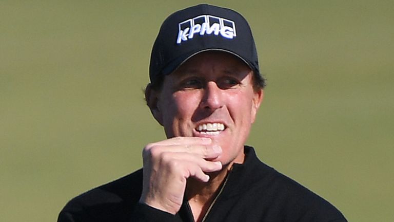 Is Mickelson on the couch or in the gym during the break?