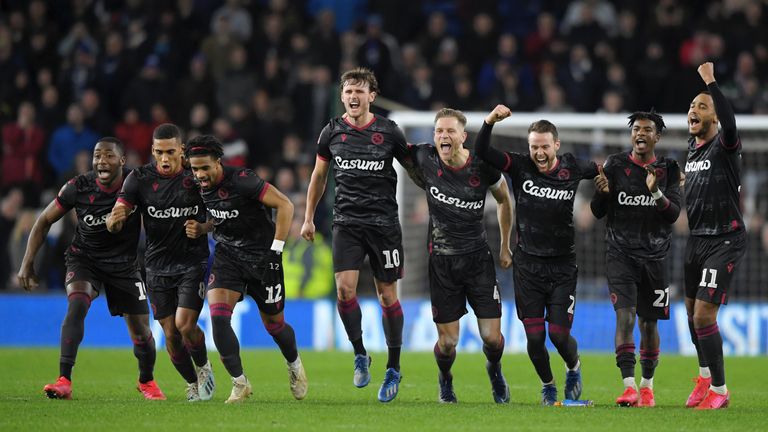 The Reading players celebrate their penalty shootout win over Cardiff on Tuesday