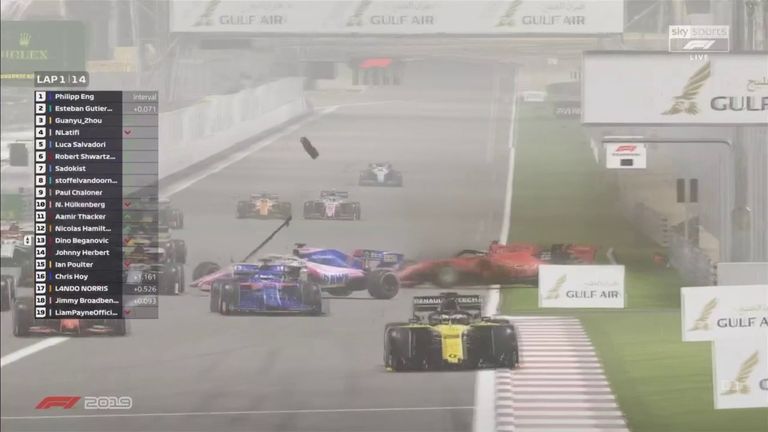 Nico Hulkenberg crashes into a wall on the opening lap of the Virtual Bahrain GP.