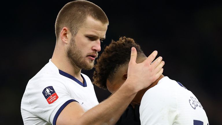 Dier consoles Gedson Fernandes, who missed his penalty in the shootout as Tottenham were eliminated from the FA Cup by Norwich