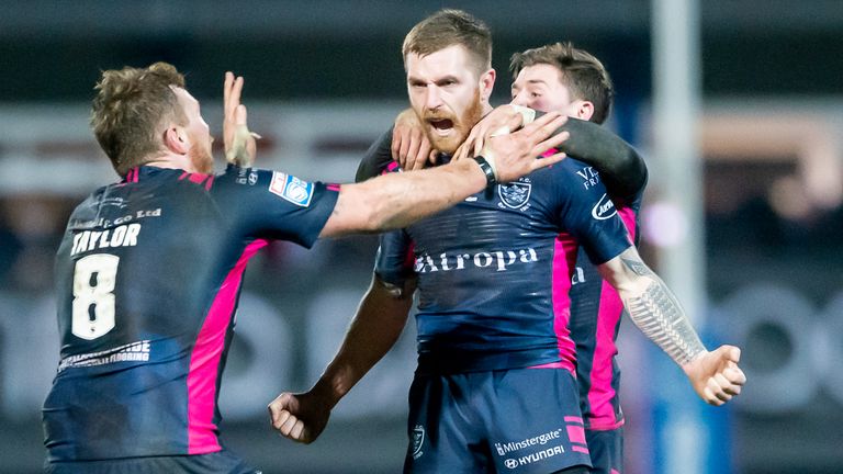 Marc Sneyd celebrates his game-winning drop goal against Wakefield