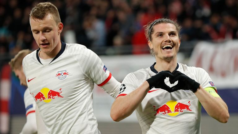 Marcel Sabitzer celebrates scoring his first against Tottenham