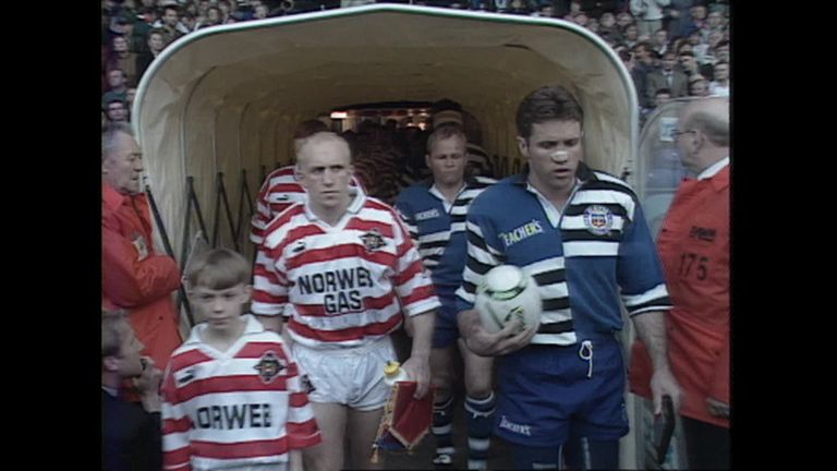 Watch highlights from Wigan's victory over Bath in the league leg at Maine Road in May 1996